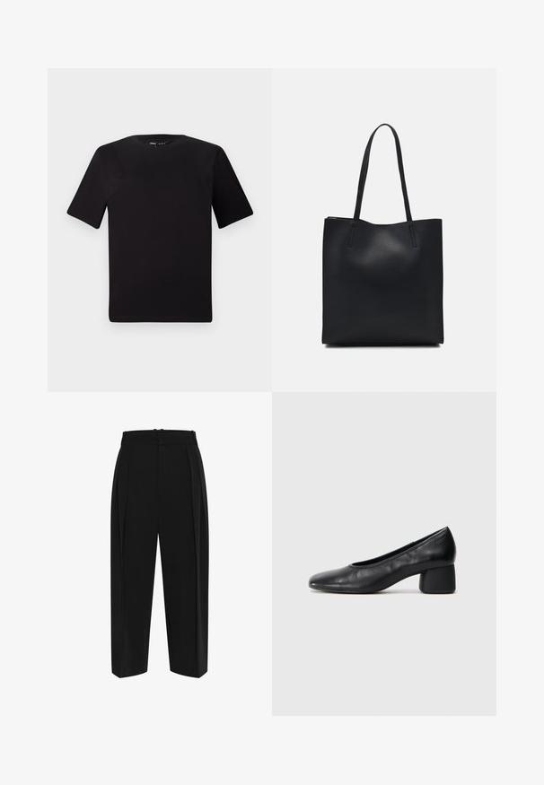 Schwarzes T-Shirt mit kurzen Ärmeln und Rundhalsausschnitt, aus weichem Baumwollmaterial gefertigt. Schlichtes Design, keine sichtbaren Logos oder Muster.; Schwarze Hosen mit hohem Bund, gefalteter Vorderseite und geradem Bein. Hergestellt aus glattem Stoff mit sauberem Finish und ohne sichtbare Beschläge.; Schwarze Lederpumps mit runder Zehenpartie und mittelhohem Blockabsatz. Glatte Textur mit minimalen Details, ausgestattet mit einem dezenten elastischen Einstieg.; Schwarze Laptoptasche aus Leder mit glatter Textur, rechteckiger Form und zwei langen Griffen. Keine sichtbaren Beschläge oder Verzierungen.