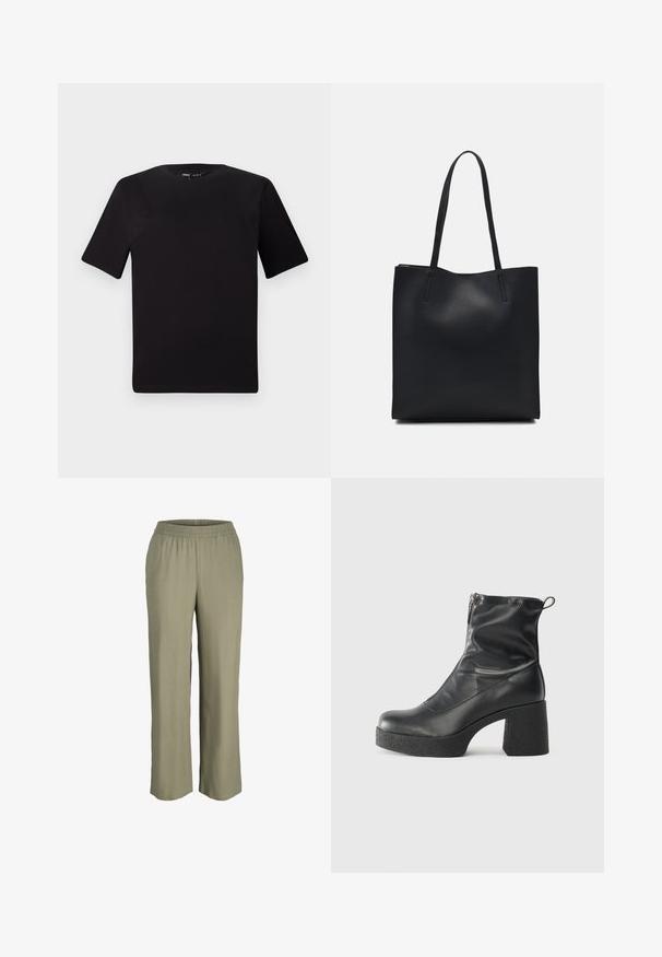T-shirt preta de mangas curtas com decote redondo, feita de tecido de algodão suave. Design simples, sem logótipos ou padrões visíveis.; Calças largas de tom verde oliva claro, com um cós elástico, confeccionadas em um tecido liso e leve, apresentando pernas retas.; Botas de tornozelo pretas feitas de couro liso, com fecho lateral, salto grosso texturizado e design de bico arredondado.; Bolsa tote preta em couro com textura lisa, forma retangular e duas alças longas. Sem hardware ou enfeites visíveis.
