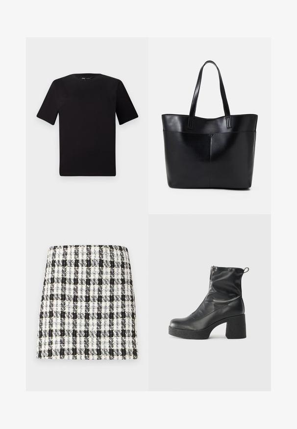 Czarna koszulka z krótkim rękawem o okrągłym dekolcie, wykonana z miękkiej bawełny. Prosty design, bez widocznych logo ani wzorów.; Czarna i biała spódnica w kratę, wykonana z teksturowanej tkaniny, o wyraźnej konstrukcji z prostym krojem i minimalnymi detalami.; Czarne botki za kostkę wykonane z gładkiej skóry, wyposażone w boczny zamek błyskawiczny, masywny teksturowany obcas oraz zaokrąglony czubek.; Czarna skórzana torba na ramię z dwoma długimi uchwytami, gładką teksturą i sztywną formą. Posiada przednią kieszeń dla dodatkowego przechowywania.