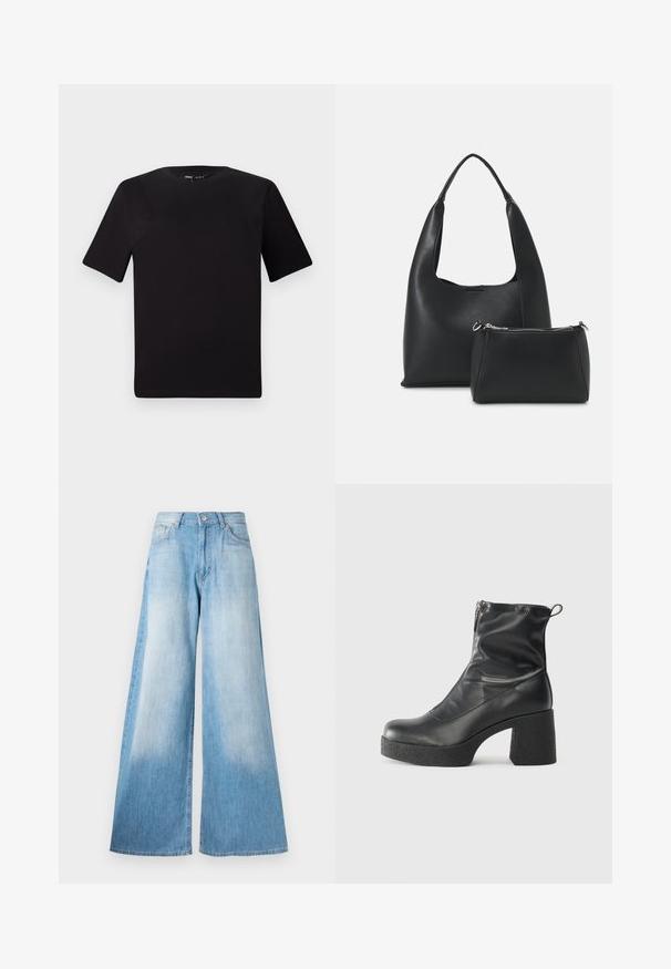 Tricou scurt negru cu mânecă scurtă și guler rotund, realizat dintr-un material de bumbac moale. Design simplu, fără logo-uri sau modele vizibile.; Jeans lăsați de culoare albastru deschis, cu o spălare ușor estompată, având închidere cu nasture, bucle pentru curea și un design clasic cu cinci buzunare.; Bocanci negri de glezna din piele netedă, cu fermoar lateral, toc texturat și masiv, și design cu vârf rotund.; Even&Odd Geantă de mână - black
