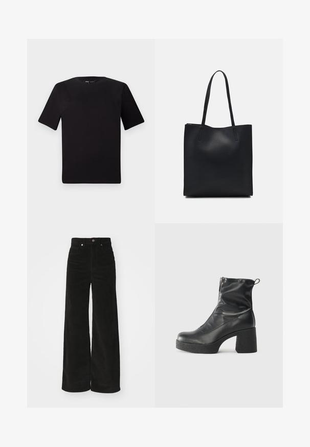 Juodas trumpas rankovės marškinėlis su apvaliu iškirpimu, pagamintas iš minkštos medvilnės medžiagos. Paprastas dizainas, be matomų logotipų ar raštų.; Juodos velveto plačios kojos kelnės su aukštu liemeniu, turinčios dvi priekinės kišenes ir metalinį mygtuko užsegimą. Tekstūruotas audinys su vertikaliomis juostelėmis.; Juodos kulkšninių botai, pagaminti iš lygaus odos, su šoniniu užtrauktuku, masyviu tekstūruotu kulnu ir apvaliu pirštu.; Juodas odinis tote krepšys su lygia tekstūra, stačiakampio formos ir dviem ilgais rankenomis. Matomų metalinių detalių ar puošybos nėra.