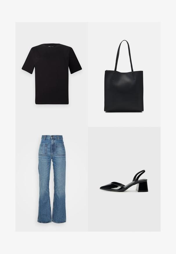 Must olema lühikeste varrukatega must t-särk ümmarguse kaelusega, valmistatud pehmest puuvillast kangast. Lihtne disain, ilma nähtavate logode või mustriteta.; Kõrgendatud vöökoht ja sinised teksad, millel on laienev jalaosa, kaks esikotid ja kaks tagakotid; tekstuuriga kangas, millel on pleekinud pesu.; Mustad musta lakknahk kingad, millel on terav varvas ja geomeetriline plokkkonts. Omab elegantselt minimalistlikku disaini ja sujuvat tekstuuri.; Mustast nahast kott sujuva tekstuuriga, ristkülikukujuline ja kahe pika sangaga. Pole nähtavat riistvara ega kaunistusi.