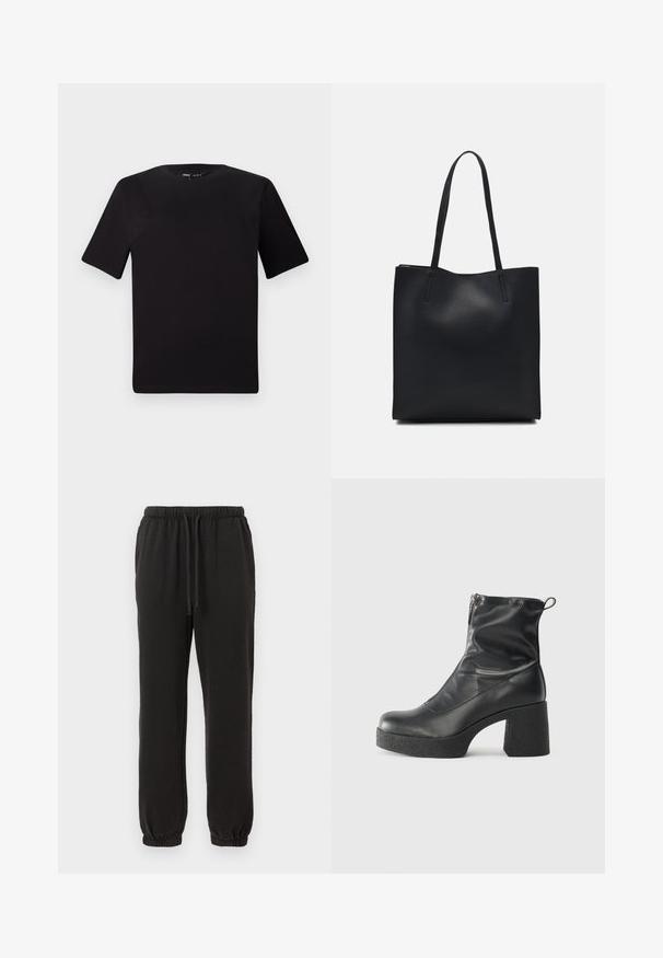 Melnas īsām piedurknēm T-krekls ar apaļu kakla izgriezumu, izgatavots no mīksta kokvilnas auduma. Vienkāršs dizains, bez redzamām logo vai rakstiem.; Melni sporta bikses ar elastīgu jostu un auklu. Aproces pie potītes. Izgatavotas no mīkstas, džersija auduma ar gludu tekstūru.; Melni potītes zābaki, kas izgatavoti no gludas ādas, ar sānu rāvējslēdzēju, masīvu strukturētu papēdi un noapaļotu purngalu.; Melnas ādas somiņa ar gludu tekstūru, taisnstūra formu un divām garām rokturiem. Nav redzamu aparatūras vai rotājumu.