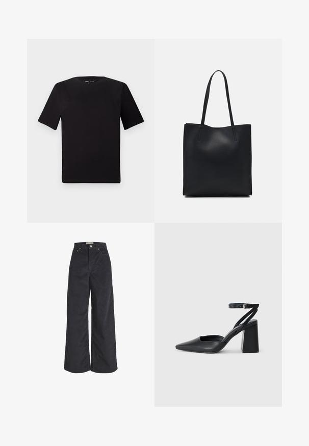 Svart t-skjorte med korte ermer og rund hals, laget av mykt bomullsstoff. Enkelt design, ingen synlige logoer eller mønstre.; Sorte kordfløyels brede benbukser med høy midje, frontknappelukking og to sidelommer. Myk tekstur og rett silhuett.; Svart lær pumps med spiss tå, ankelrem og kraftig hæl. Flat tekstur, strømlinjeformet design og minimalisme.; Svart lær tote bag med glatt tekstur, rektangulær form og to lange håndtak. Ingen synlige deler eller dekorasjoner.