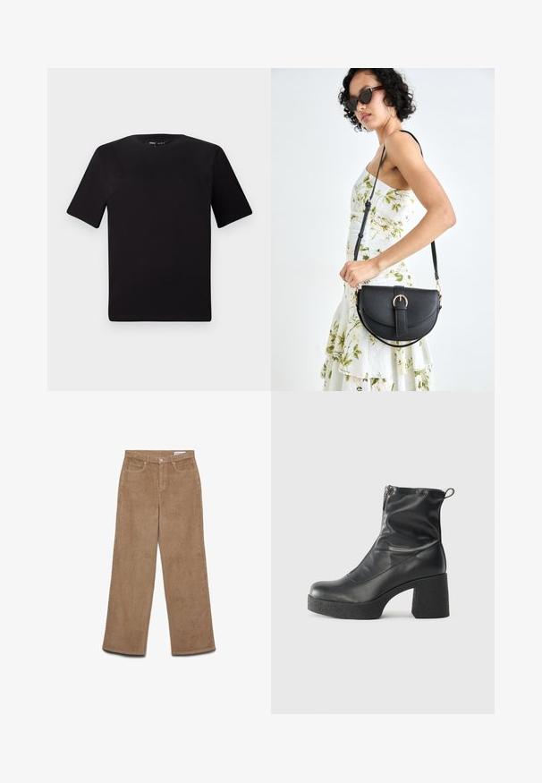 Čierne tričko s krátkym rukávom a okrúhlym výstrihom, vyrobené z mäkkej bavlny. Jednoduchý dizajn, bez viditeľných log alebo vzorov.; Hnedé široké manžetové menčestrové nohavice. Majú textúrovanú látku, päť vreciek a zapínanie na gombík. Rovný strih od bokov po lem.; Čierne členkové topánky z hladkej kože, so bočným zipsom, robustnou textúrovanou pätnou časťou a zaobleným dizajnom špičky.; Čierna kožená kabelka s zaobleným tvarom, odnímateľným popruhom a zlatými doplnkami. Kabelka má klopu s detailom s prackou.