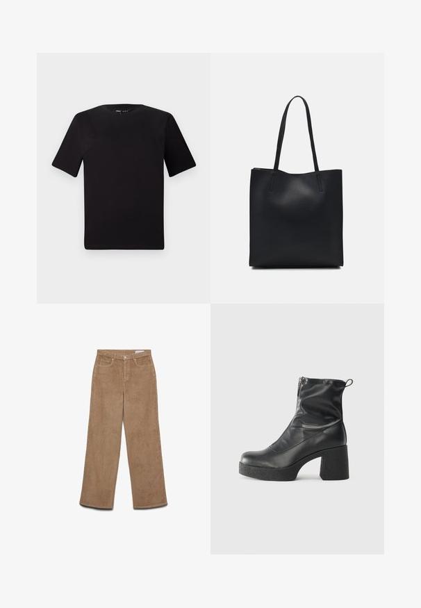 Tricou scurt negru cu mânecă scurtă și guler rotund, realizat dintr-un material de bumbac moale. Design simplu, fără logo-uri sau modele vizibile.; Pantaloni cu picioare largi din catifea cu şanţ brun. Prezintă un material texturat, cinci buzunare şi închidere cu nasture. Croială dreptă de la şold până la tiv.; Bocanci negri de glezna din piele netedă, cu fermoar lateral, toc texturat și masiv, și design cu vârf rotund.; Geantă tote neagră din piele, cu textură netedă, formă rectangulară și două mânere lungi. Fără hardware vizibil sau ornamente.