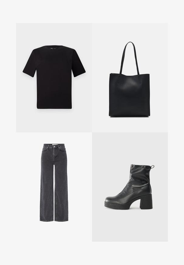 Must olema lühikeste varrukatega must t-särk ümmarguse kaelusega, valmistatud pehmest puuvillast kangast. Lihtne disain, ilma nähtavate logode või mustriteta.; Kõrge vöökoht mustad denim püksid laia jala lõikega, varustatud nööbiga sulgemisega, vöörihmadega ja õrna pleekimisega kangal.; Mustad mustad ansapüksid, mis on valmistatud siledast nahast, külje zipperiga, paksu tekstuuriga kontsaga ja ümmarguse nina disainiga.; Mustast nahast kott sujuva tekstuuriga, ristkülikukujuline ja kahe pika sangaga. Pole nähtavat riistvara ega kaunistusi.