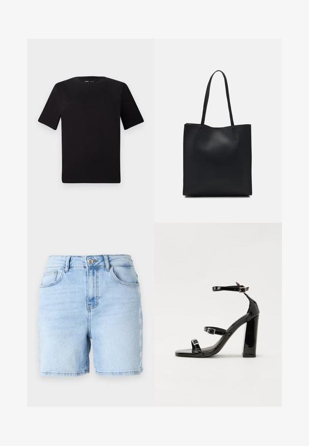 Black short-sleeve t-shirt with a round neckline, crafted from soft cotton fabric. Simple design, no visible logos or patterns.; Light blue denim shorts with a high waist, raw hem, five pockets, and decorative side stitching pattern. Made from cotton fabric.; Black patent heeled sandals with a square toe, ankle straps, and silver buckles. Features a chunky block heel for stability.; Black leather tote bag with smooth texture, rectangular shape, and two long handles. No visible hardware or embellishments.