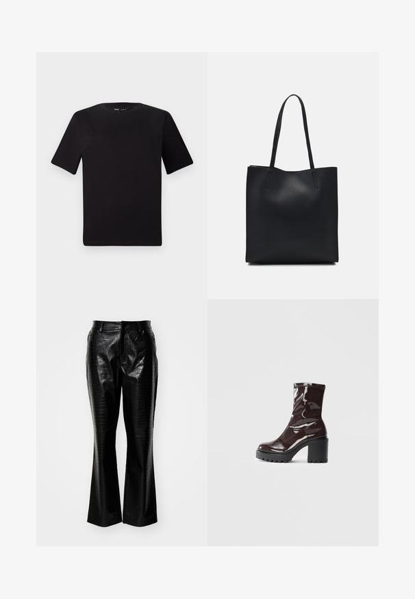 T-shirt noir à manches courtes avec un col rond, fabriqué en coton doux. Design simple, sans logos ni motifs visibles.; Pantalons en simili cuir noir avec un motif texturé de peau de crocodile, jambes évasées et taille standard avec passants de ceinture.; Bottines bordeaux brillantes à talon épais noir, avec une texture lisse et un design simple. Aucune fermeture visible ni motifs.; Sac fourre-tout en cuir noir avec une texture lisse, de forme rectangulaire et deux longues poignées. Pas de matériel ou d'ornementations visibles.