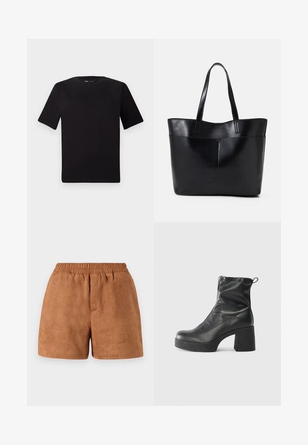 Svart t-skjorte med korte ermer og rund hals, laget av mykt bomullsstoff. Enkelt design, ingen synlige logoer eller mønstre.; Brune semskede shorts med elastisk linning, som har en avslappet passform og smooth tekstur. Enkelt design, egnet for hverdagsbruk.; Svarte ankelstøvler laget av glatt lær, med glidelås på siden, chunky strukturert hæl, og rund tå-design.; Svart lær toteveske med to lange håndtak, en glatt tekstur og en strukturert form. Har en frontlomme for ekstra oppbevaring.