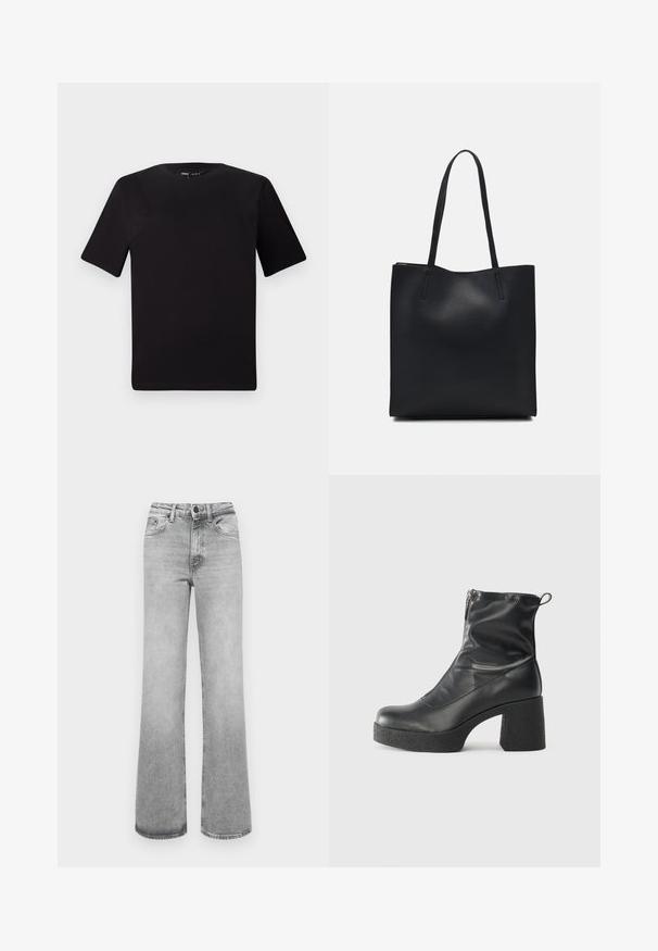 T-shirt preta de mangas curtas com decote redondo, feita de tecido de algodão suave. Design simples, sem logótipos ou padrões visíveis.; Jeans cinza claro desgastados de perna reta com bolsos frontais, passadores de cinto e fecho de botão e zíper.; Botas de tornozelo pretas feitas de couro liso, com fecho lateral, salto grosso texturizado e design de bico arredondado.; Bolsa tote preta em couro com textura lisa, forma retangular e duas alças longas. Sem hardware ou enfeites visíveis.