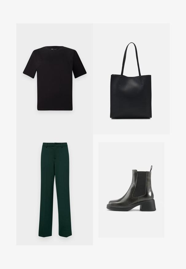 Musta lyhythihainen t-paita pyöreällä kaula-aukolla, valmistettu pehmeästä puuvillakankaasta. Yksinkertainen malli, ei näkyviä logoja tai kuvioita.; Tummanvihreät, suorat housut nappisuljennalla ja vyölenkeillä. Pehmeä rakenne ja minimaalinen yksityiskohtaisuus. Istuva malli.; Musta nahkakenkä nilkkamitoilla, joissa on sileä pinta, joustavat sivupaneelit ja paksu korko. Varustettu vetoketjulla helpompaa pukemista varten.; Mustapahkainen kangaskassi, jossa on sileä pinta, suorakaiteen muotoinen ja kaksi pitkää kahvaa. Ei näkyvää metalliosaa tai koristeita.