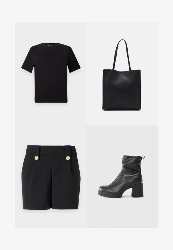 T-shirt preta de mangas curtas com decote redondo, feita de tecido de algodão suave. Design simples, sem logótipos ou padrões visíveis.; Calções pretos com um design ajustado, apresentando botões decorativos em tom dourado e uma textura suave. Sem bolsos ou costuras visíveis.; Botas de tornozelo pretas feitas de couro liso, com fecho lateral, salto grosso texturizado e design de bico arredondado.; Bolsa tote preta em couro com textura lisa, forma retangular e duas alças longas. Sem hardware ou enfeites visíveis.
