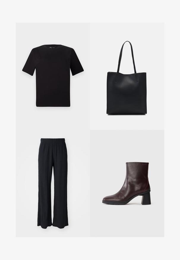 Čierne tričko s krátkym rukávom a okrúhlym výstrihom, vyrobené z mäkkej bavlny. Jednoduchý dizajn, bez viditeľných log alebo vzorov.; Čierne široké nohavice z textúrovanej látky s elastickým pásom. Majú uvoľnený strih a jemný, splývavý dizajn.; Tmavohnedé kožené členkové topánky s blokovým podpätkom a okrúhlou špičkou, vystavené na jednoduchom svetlošedom pozadí.; Čierna kožená taška na rameno s hladkým povrchom, obdĺžnikovým tvarom a dvoma dlhými uchami. Bez viditeľného kovania alebo ozdôb.