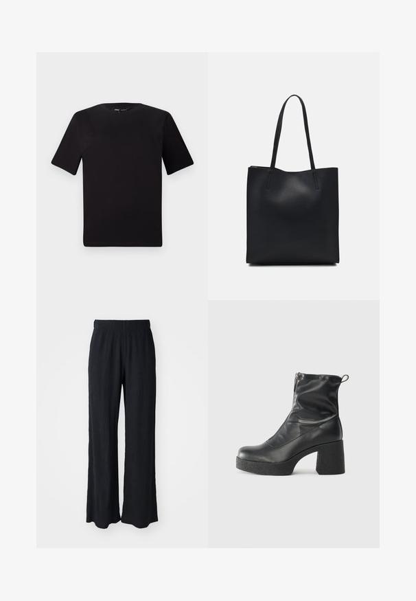Fekete, rövid ujjú póló, kerek nyakkal, puha pamutból készült. Egyszerű dizájn, nincs látható logó vagy minta.; Fekete, széles lábú nadrág textúrált anyagból, rugalmas derékrésszel. Lazán illeszkedő szabás és puha, áramló dizájn jellemzi.; Fekete bokacsizmák sima bőrből, oldalsó cipzárral, vastag, texturált sarkú és lekerekített orrú dizájnnal.; Fekete bőrtáska sima felszínnel, téglalap alakú, két hosszú füllel. Nincs látható fémkiegészítő vagy díszítés.
