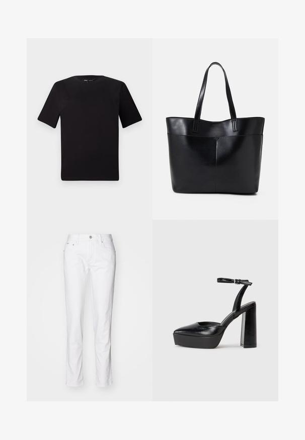 Must olema lühikeste varrukatega must t-särk ümmarguse kaelusega, valmistatud pehmest puuvillast kangast. Lihtne disain, ilma nähtavate logode või mustriteta.; Valged denim sirged püksid, millel on nööbiviik, viis taskut ja peened õmblused. Ümara tekstuuriga ning lihtne disain.; Mustad platvormi kontsad terava ninaga ja reguleeritava pahkluuraamiga. Valmistatud siledast nahast, funktsioneerib massiivse plokknäheeliga.; Must mustaga musta nahast, millel on kaks pikka kanda, sile tekstuur ja struktureeritud kuju. Esipoolsel on lisakoti jaoks tasku.