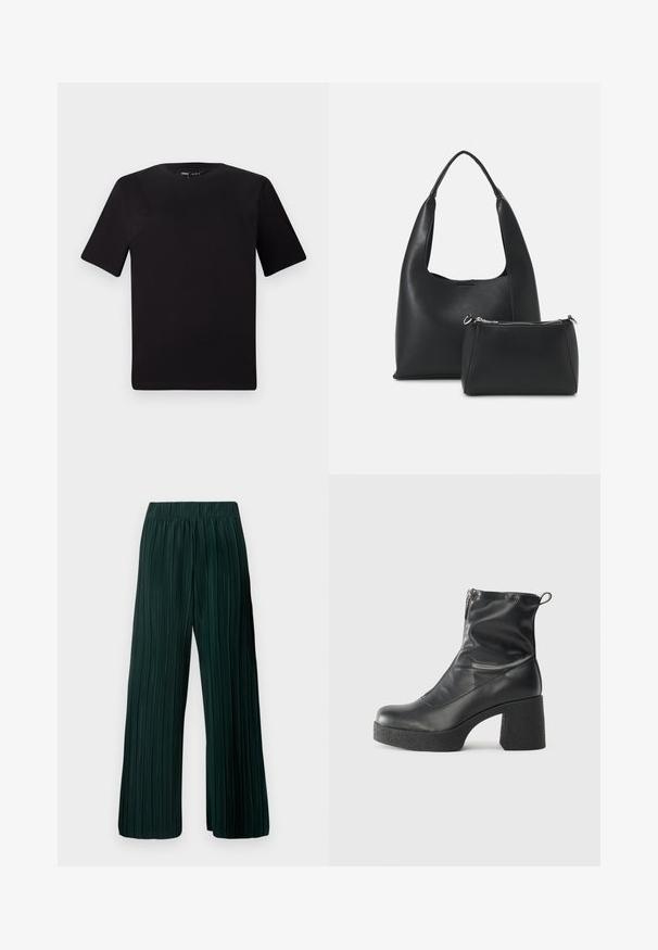 Černé tričko s krátkým rukávem a kulatým výstřihem, vyrobené z měkké bavlněné látky. Jednoduchý design, žádné viditelné logo nebo vzory.; Plisované kalhoty s širokými nohavicemi v tmavě zelené barvě. Vyrobeny z měkké tkaniny s texturovaným vzorem a s elastickým pasem pro maximální pohodlí.; Černé kotníkové boty vyrobené z hladké kůže, s bočním zipem, robustním strukturovaným podpatkem a kulatou špičkou.; Even&Odd Kabelka - black