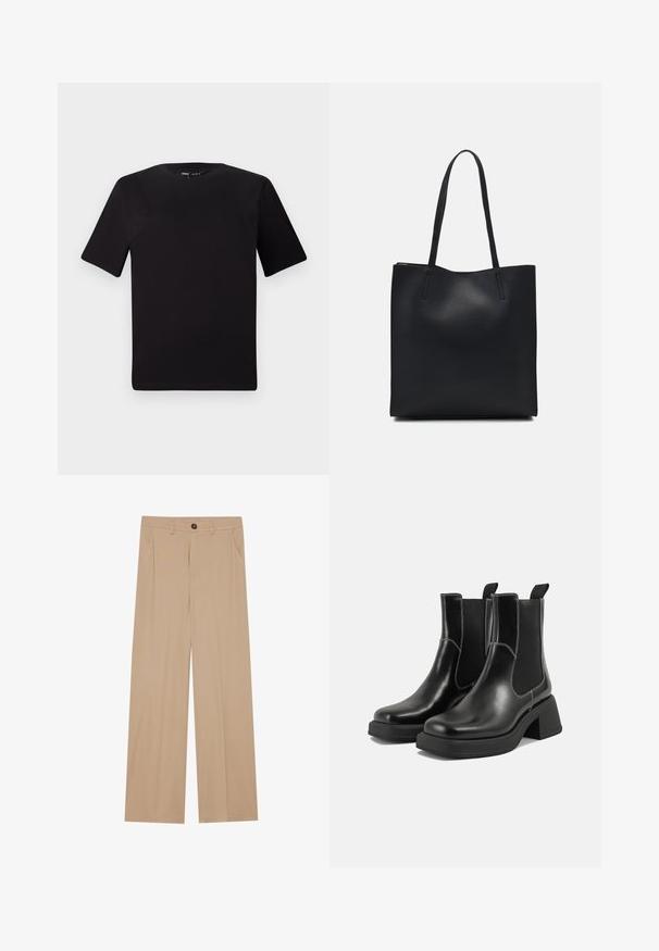T-shirt noir à manches courtes avec un col rond, fabriqué en coton doux. Design simple, sans logos ni motifs visibles.; Pantalons larges beiges avec une texture lisse, dotés de deux poches latérales, d'une fermeture à bouton à l'avant et de plis subtils pour plus de détails.; Bottes Chelsea en cuir noir avec un talon épais, des panneaux latéraux élastiques et des coutures blanches contrastantes. Fini texturé.; Sac fourre-tout en cuir noir avec une texture lisse, de forme rectangulaire et deux longues poignées. Pas de matériel ou d'ornementations visibles.
