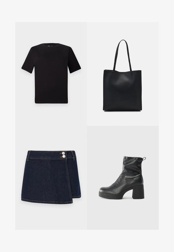 Fekete, rövid ujjú póló, kerek nyakkal, puha pamutból készült. Egyszerű dizájn, nincs látható logó vagy minta.; Sötét farmer szoknya, amely körbeépített dizájnnal, két ezüstgombbal a derékon, valamint kontrasztos varrással a szegély mentén és a varratokon rendelkezik.; Fekete bokacsizmák sima bőrből, oldalsó cipzárral, vastag, texturált sarkú és lekerekített orrú dizájnnal.; Fekete bőrtáska sima felszínnel, téglalap alakú, két hosszú füllel. Nincs látható fémkiegészítő vagy díszítés.