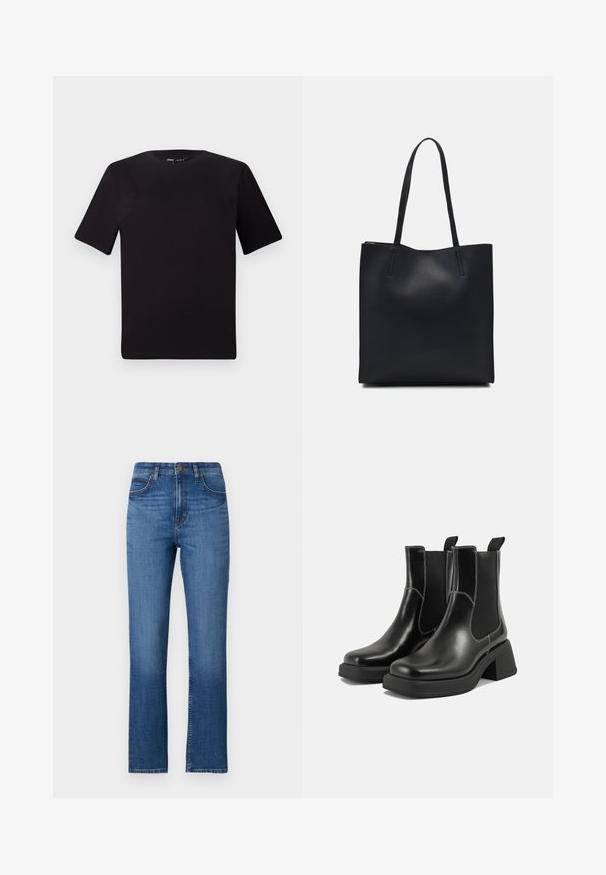 Svart t-skjorte med korte ermer og rund hals, laget av mykt bomullsstoff. Enkelt design, ingen synlige logoer eller mønstre.; Blå denimjeans med rette ben, høy midje, fem lommer og subtil søm langs sømmene. Glatt tekstur.; Sorte lær Chelsea støvler med en kraftig hæl, elastiske sidepaneler og kontrasterende hvid syning. Teksturert overflate.; Svart lær tote bag med glatt tekstur, rektangulær form og to lange håndtak. Ingen synlige deler eller dekorasjoner.