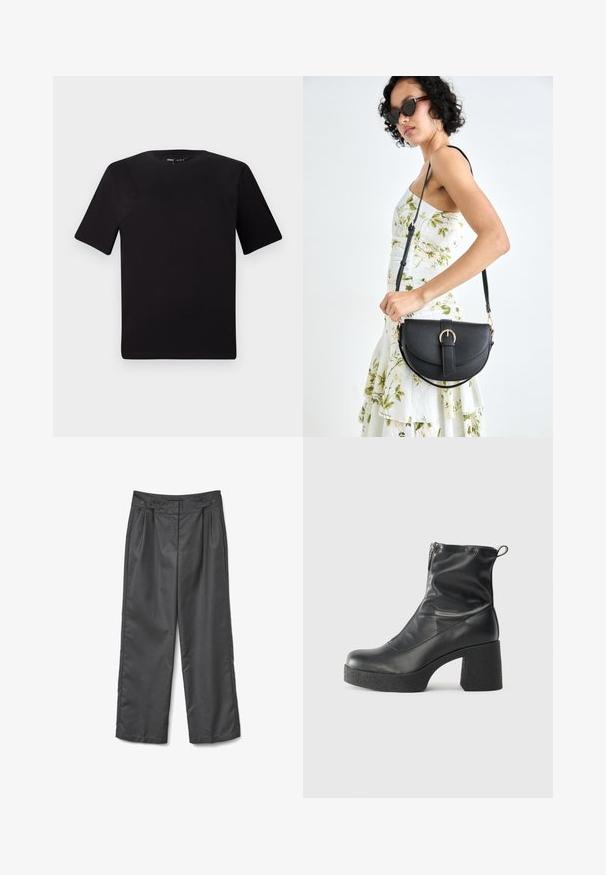 Svart t-skjorte med korte ermer og rund hals, laget av mykt bomullsstoff. Enkelt design, ingen synlige logoer eller mønstre.; Grå vide bukser i glat stof med to frontfolder, to knapper i taljen og en lige kant.; Svarte ankelstøvler laget av glatt lær, med glidelås på siden, chunky strukturert hæl, og rund tå-design.; Svart lærveske med en buet form, avtagbar stropp og gullbeslag. Vesken har et klaff med spenne-detall.