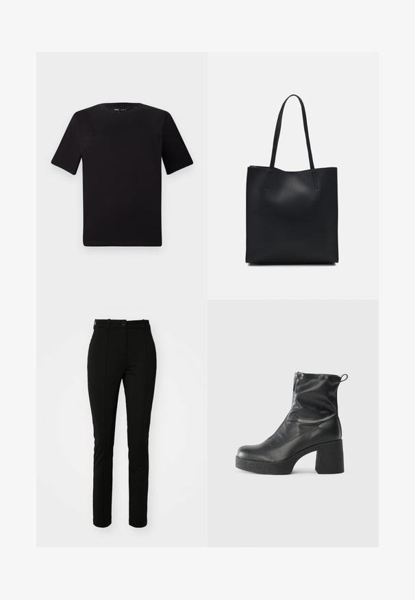 Svart t-skjorte med korte ermer og rund hals, laget av mykt bomullsstoff. Enkelt design, ingen synlige logoer eller mønstre.; Sorte polyesterbukser med slim fit, flad front og enkelt knaplukning, med detaljer om frontfold og ingen synlige lommer.; Svarte ankelstøvler laget av glatt lær, med glidelås på siden, chunky strukturert hæl, og rund tå-design.; Svart lær tote bag med glatt tekstur, rektangulær form og to lange håndtak. Ingen synlige deler eller dekorasjoner.
