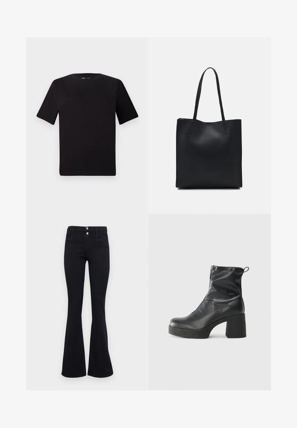T-shirt noir à manches courtes avec un col rond, fabriqué en coton doux. Design simple, sans logos ni motifs visibles.; ONLY ONLRAIN FLARED - Jean flare - washed black; Bottes noires à la cheville en cuir lisse, dotées d'une fermeture éclair sur le côté, d'un talon épais texturé et d'une conception à bout rond.; Sac fourre-tout en cuir noir avec une texture lisse, de forme rectangulaire et deux longues poignées. Pas de matériel ou d'ornementations visibles.
