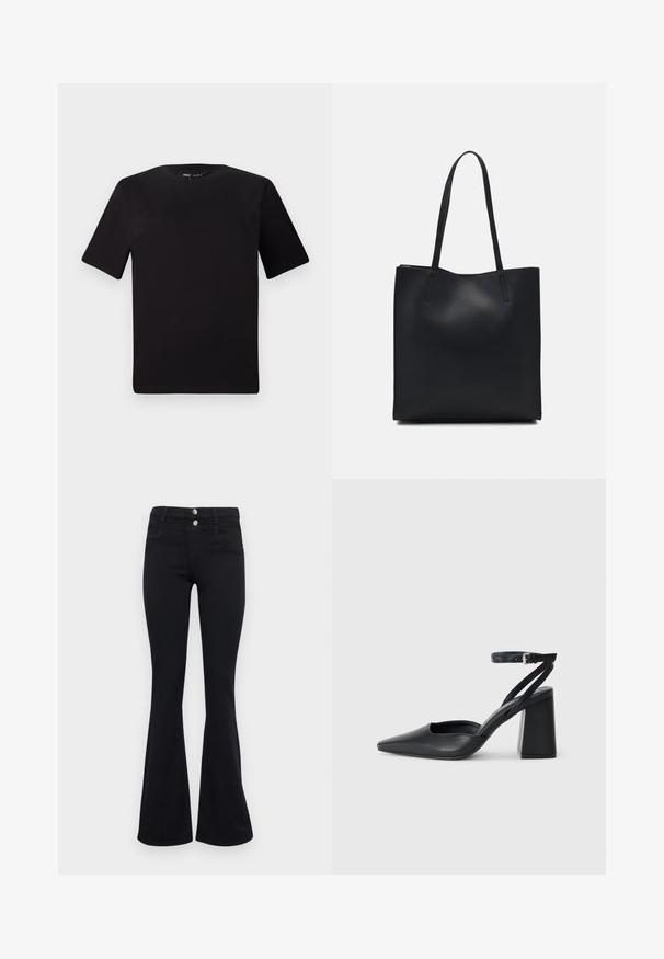 T-shirt noir à manches courtes avec un col rond, fabriqué en coton doux. Design simple, sans logos ni motifs visibles.; ONLY ONLRAIN FLARED  - Jean flare - washed black; Escarpin noir en cuir à bout pointu avec une bride de cheville et un talon épais. Texture lisse, design élégant et esthétique minimaliste.; Sac fourre-tout en cuir noir avec une texture lisse, de forme rectangulaire et deux longues poignées. Pas de matériel ou d'ornementations visibles.