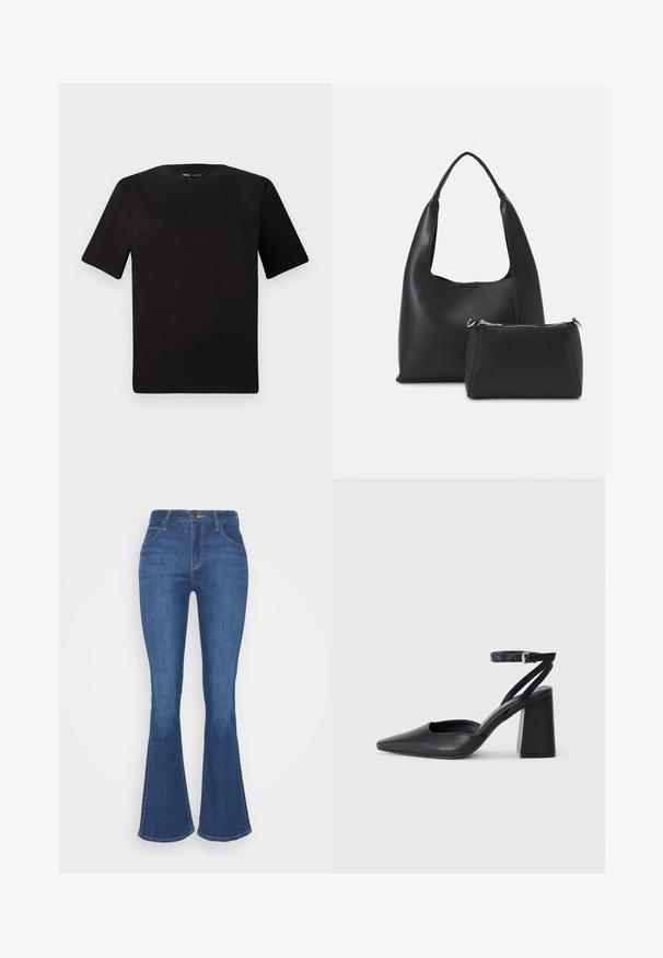 Must olema lühikeste varrukatega must t-särk ümmarguse kaelusega, valmistatud pehmest puuvillast kangast. Lihtne disain, ilma nähtavate logode või mustriteta.; Tumedast sinised flare-džinsid, mis on valmistatud denimist, kõrge vöökoht, esi-taskud ja nähtavad õmbluse aktsendid. Klassikaline viie-tasku disain.; Mustmustest must-käigukingad, millel on konksuga nöör ja paks konts. Ühtlane tekstuur, stiilne disain ja minimalistlik esteetika.; Even&Odd SET - Käekott - black