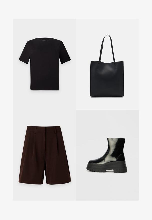 Black short-sleeve t-shirt with a round neckline, crafted from soft cotton fabric. Simple design, no visible logos or patterns.; Brown shorts featuring a tailored design with pleats, made from a smooth fabric. Finished with a waistband and no visible pockets.; Black glossy ankle boot with thick lug sole and rounded toe, side view on plain light gray background.; Black leather tote bag with smooth texture, rectangular shape, and two long handles. No visible hardware or embellishments.