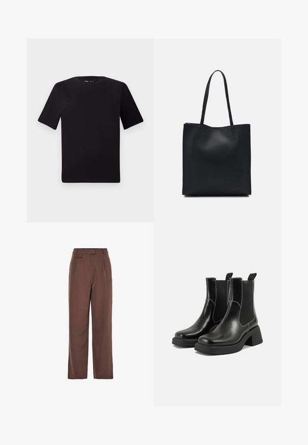 Črna majica s kratkimi rokavi in okroglim izrezom, izdelana iz mehkega bombažnega materiala. Preprost dizajn, brez vidnih logotipov ali vzorcev.; Brahke tkanine široke hlače z visokim pasom, sprednjimi naborki in gumbom. Gladek material z natančnim krojem.; Črne usnjene Chelsea škornje s širokim petami, elastičnimi stranskimi ploščami in kontrastnim belim šivanjem. Teksturirana površina.; Črna usnjena torba s svilnato teksturo, pravokotne oblike in dvema dolgima ročajema. Brez vidnih metalnih delov ali okrasnih elementov.
