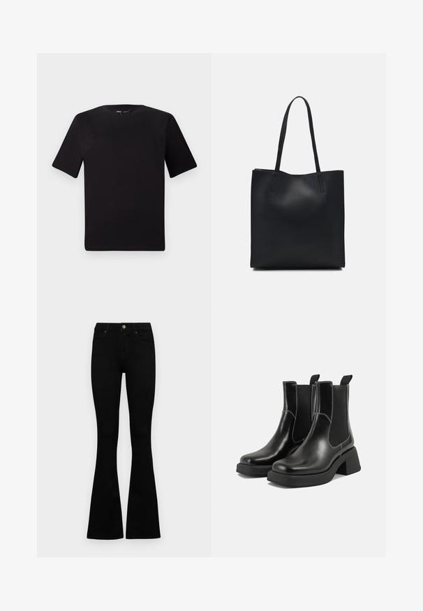 Černé tričko s krátkým rukávem a kulatým výstřihem, vyrobené z měkké bavlněné látky. Jednoduchý design, žádné viditelné logo nebo vzory.; Černé vysoké džíny s knoflíkem a zipovým zapínáním, předními kapsami a rozšířenými nohavicemi, ležící na bílé podložce.; Černé kožené chelsea boty s masivním podpatkem, elastickými bočními panely a kontrastním bílým prošitím. Texturovaný povrch.; Černá kožená taška přes rameno s hladkým povrchem, obdélníkovým tvarem a dvěma dlouhými uchy. Žádné viditelné kování ani ozdoby.