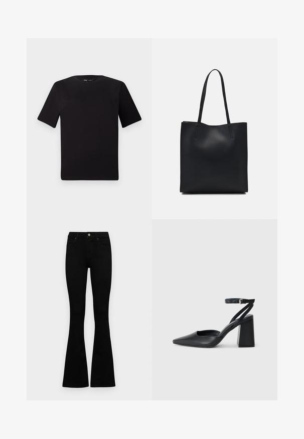 Must olema lühikeste varrukatega must t-särk ümmarguse kaelusega, valmistatud pehmest puuvillast kangast. Lihtne disain, ilma nähtavate logode või mustriteta.; Mustad kõrge vöökohtadega teksad, millel on nööp ja lukuga sulgemine, esikäe taskud ja laienevad sääred, asetatud tasasele valgele taustale.; Mustmustest must-käigukingad, millel on konksuga nöör ja paks konts. Ühtlane tekstuur, stiilne disain ja minimalistlik esteetika.; Mustast nahast kott sujuva tekstuuriga, ristkülikukujuline ja kahe pika sangaga. Pole nähtavat riistvara ega kaunistusi.