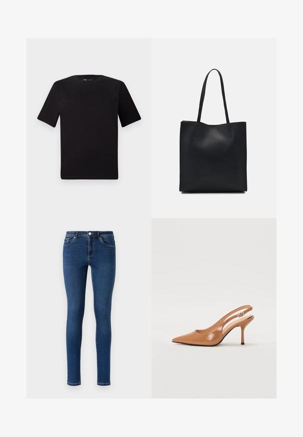 Must olema lühikeste varrukatega must t-särk ümmarguse kaelusega, valmistatud pehmest puuvillast kangast. Lihtne disain, ilma nähtavate logode või mustriteta.; Ideed kitsad sinised teksad. Omavad klassikalist viie tasku disaini, metallist nööbikinnitust ja peent õmblust õmblustel.; Küüntega slingback konts, mis on valmistatud siledast ja läikivast tan värvi materjalist. Omab kaarjat lõigatud disaini ja õhukest stiletto kontsa. Hõbedane pandla detail.; Mustast nahast kott sujuva tekstuuriga, ristkülikukujuline ja kahe pika sangaga. Pole nähtavat riistvara ega kaunistusi.