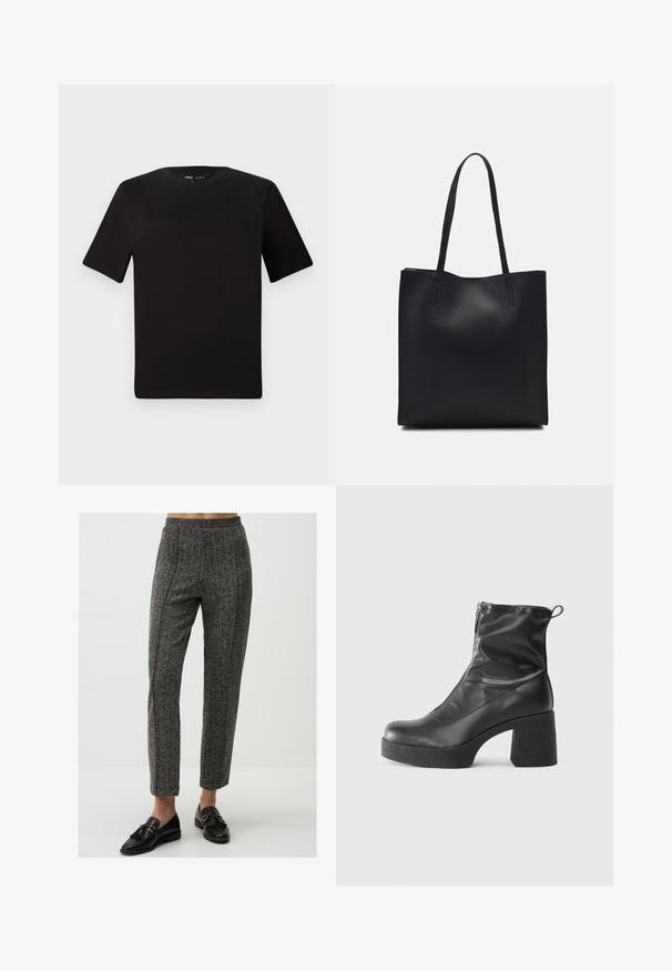 Black short-sleeve t-shirt with a round neckline, crafted from soft cotton fabric. Simple design, no visible logos or patterns.; Gray patterned trousers with a smooth texture, featuring a high waistband and straight-leg design, paired with black loafers.; Black ankle boots made of smooth leather, featuring a side zipper, chunky textured heel, and rounded toe design.; Black leather tote bag with smooth texture, rectangular shape, and two long handles. No visible hardware or embellishments.