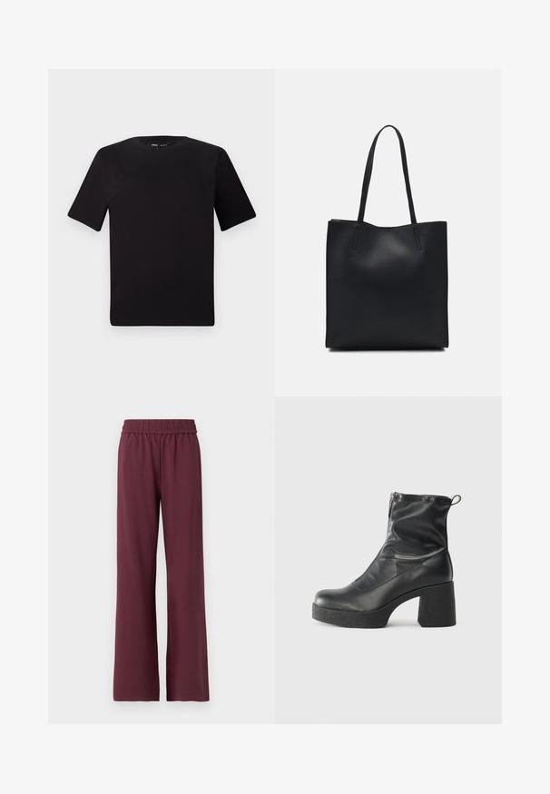 Czarna koszulka z krótkim rękawem o okrągłym dekolcie, wykonana z miękkiej bawełny. Prosty design, bez widocznych logo ani wzorów.; Bordowe spodnie szerokie z elastycznym pasem, wykonane z miękkiego materiału, charakteryzujące się gładką fakturą i luźnym krojem.; Czarne botki za kostkę wykonane z gładkiej skóry, wyposażone w boczny zamek błyskawiczny, masywny teksturowany obcas oraz zaokrąglony czubek.; Czarna skórzana torba tote o gładkiej fakturze, prostokątnym kształcie i dwóch długich uchwytach. Brak widocznych elementów metalowych i ozdób.