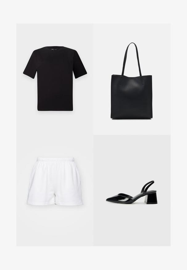 Black short-sleeve t-shirt with a round neckline, crafted from soft cotton fabric. Simple design, no visible logos or patterns.; White cotton shorts with elastic waistband, side pockets, and a relaxed fit on a plain background.; Black patent leather slingback heels with a pointed toe and a geometric block heel. Features a sleek, minimal design and smooth texture.; Black leather tote bag with smooth texture, rectangular shape, and two long handles. No visible hardware or embellishments.