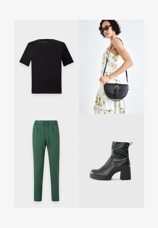 Sort kortærmet t-shirt med rund halsudskæring, lavet af blødt bomuldsstof. Enkel design, ingen synlige logoer eller mønstre.; Grønne sweatpants lavet af blødt stof, med en elastisk talje med snor, tapered ben og sidelæg detaljer.; Sorte ankelstøvler lavet af glat læder, med en sidelukning, kraftig struktureret hæl og rundt tådesign.; Sort læderhåndtaske med en buet form, aftagelig rem og guldfinish. Tasken har en klap med en spænde detalje.