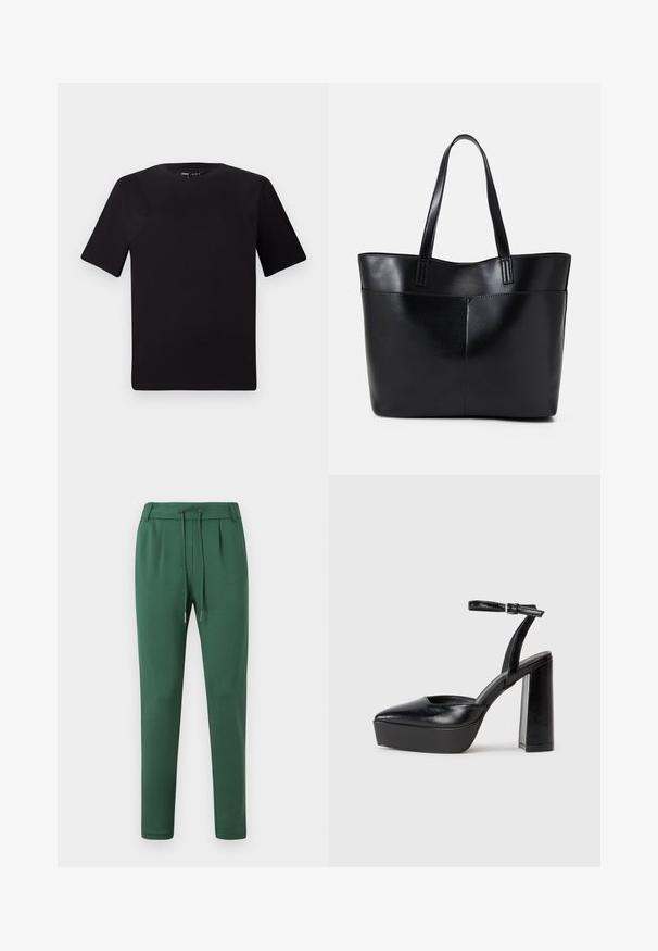T-shirt nera a maniche corte con scollatura rotonda, realizzata in morbido cotone. Design semplice, senza loghi o motivi visibili.; Pantaloni della tuta verdi realizzati in tessuto morbido, dotati di una cintura elastica con cordino, gambe affusolate e dettagli con pieghe laterali.; Tacchi a piattaforma neri con punta appuntita e cinturino regolabile alla caviglia. Realizzati in pelle liscia, presentano un tacco a blocco spesso.; Borsa a tracolla in pelle nera con due manici lunghi, una texture liscia e una forma strutturata. Presenta una tasca frontale per ulteriore spazio di archiviazione.