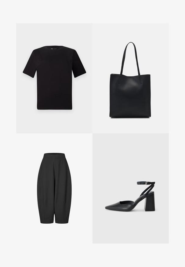 Camiseta negra de manga corta con cuello redondo, fabricada en suave algodón. Diseño simple, sin logos ni patrones visibles.; Culottes negros y holgados con una cinturilla elástica, que cuentan con bolsillos laterales y un diseño de pierna ajustada, fabricados en una tela suave.; Zapato de tacón puntiagudo de cuero negro con tira en el tobillo y tacón ancho. Textura plana, diseño elegante y estética minimalista.; Bolso tote de cuero negro con textura lisa, forma rectangular y dos asas largas. Sin herrajes ni adornos visibles.