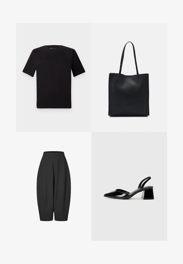T-shirt nera a maniche corte con scollatura rotonda, realizzata in morbido cotone. Design semplice, senza loghi o motivi visibili.; Culotte nere, morbide e con una vestibilità ampia, dotate di una cintura elastica, tasche laterali e un design con gamba affusolata, realizzate in tessuto morbido.; Décolleté in vernice nera con punta affusolata e tacco in geometria cubica. Presentano un design elegante e minimalista, con una texture liscia.; Borsa tote in pelle nera con texture liscia, forma rettangolare e due manici lunghi. Nessun hardware o decorazione visibile.