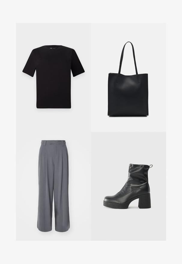 Melnas īsām piedurknēm T-krekls ar apaļu kakla izgriezumu, izgatavots no mīksta kokvilnas auduma. Vienkāršs dizains, bez redzamām logo vai rakstiem.; Pelēkas plašas bikses, izgatavotas no gludas auduma, ar augstu vidukli, krokām un pielāgotu dizainu, bez redzamām rakstām un akcentiem.; Melni potītes zābaki, kas izgatavoti no gludas ādas, ar sānu rāvējslēdzēju, masīvu strukturētu papēdi un noapaļotu purngalu.; Melnas ādas somiņa ar gludu tekstūru, taisnstūra formu un divām garām rokturiem. Nav redzamu aparatūras vai rotājumu.