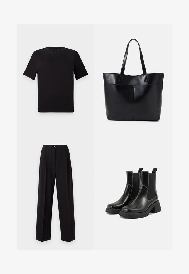 Crna majica kratkih rukava s okruglim izrezom, izrađena od mekane pamučne tkanine. Jednostavan dizajn, bez vidljivih logotipa ili uzoraka.; Crne široke hlače napravljene od lagane tkanine. Imaju gumbe sprijeda, dva bočna džepa i krojeni pojas. Nema vidljivih uzoraka.; Crne kožne Chelsea čizme s debelim potplatom, elastičnim bočnim panelima i kontrastnim bijelim šavovima. Teksturirana površina.; Crna kožna torba s dugim ručkama, glatkom teksturom i strukturiranim oblikom. Ima prednju džep za dodatno pohranu.