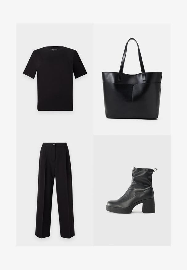 Svart t-skjorte med korte ermer og rund hals, laget av mykt bomullsstoff. Enkelt design, ingen synlige logoer eller mønstre.; Sorte vide benbukser laget av lett stoff. Har en knapp foran, to sidelommer og en skreddersydd midjebånd. Ingen synlige mønstre.; Svarte ankelstøvler laget av glatt lær, med glidelås på siden, chunky strukturert hæl, og rund tå-design.; Svart lær toteveske med to lange håndtak, en glatt tekstur og en strukturert form. Har en frontlomme for ekstra oppbevaring.