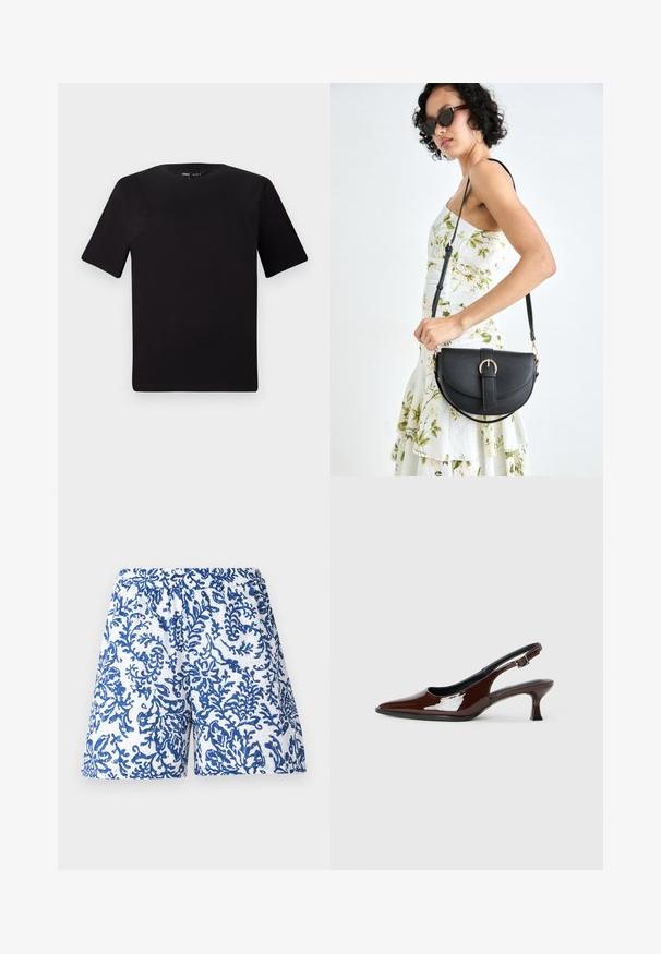 Svart t-skjorte med korte ermer og rund hals, laget av mykt bomullsstoff. Enkelt design, ingen synlige logoer eller mønstre.; Trykte shorts i hvit stoff med et blått koraldesign. Elastisk midjebånd, løs passform og glatt tekstur.; Brune patentlæder slingback sko med spids tå og moderat hæl. Har en spænde rem for sikker pasform. Glat tekstur.; Svart lærveske med en buet form, avtagbar stropp og gullbeslag. Vesken har et klaff med spenne-detall.