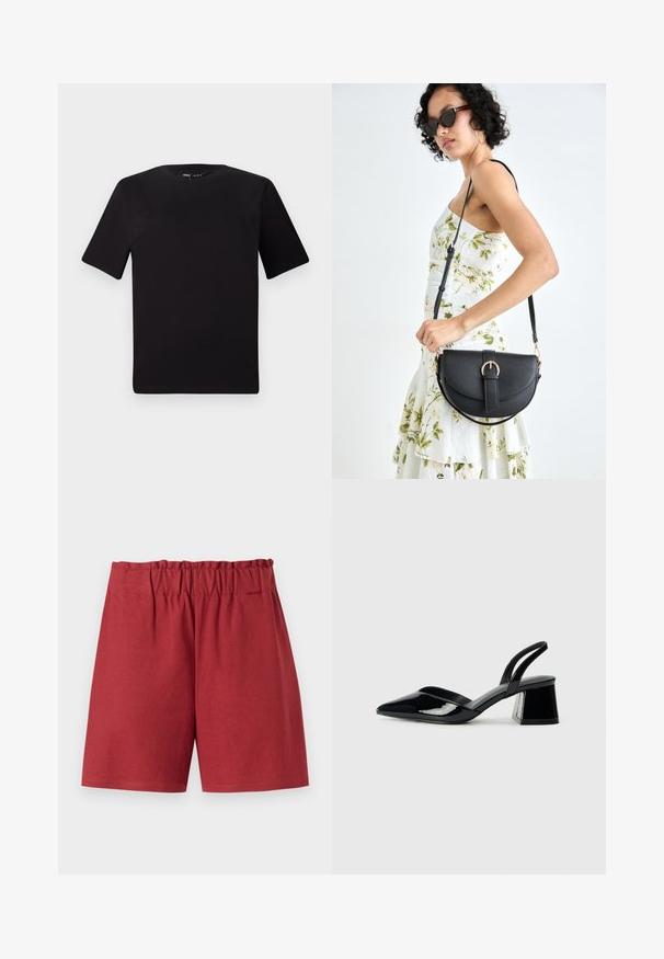 Crna majica kratkih rukava s okruglim izrezom, izrađena od mekane pamučne tkanine. Jednostavan dizajn, bez vidljivih logotipa ili uzoraka.; Crvene šorts hlače s elastičnom tačkom u struku, s opuštenim krojem i glatkom pamučnom teksturom. Porubi su ravni bez vidljivih uzoraka ili naglasaka.; Crne lakirane kožne sandale s otvorenom petom i špicastim vrhom, s geometrijskom blok petom. Imaju elegantan, minimalistički dizajn i glatku teksturu.; Crna kožna torba s lukovitim oblikom, odvojivim remenom i zlatnim detaljima. Torba ima preklop s kopčom.