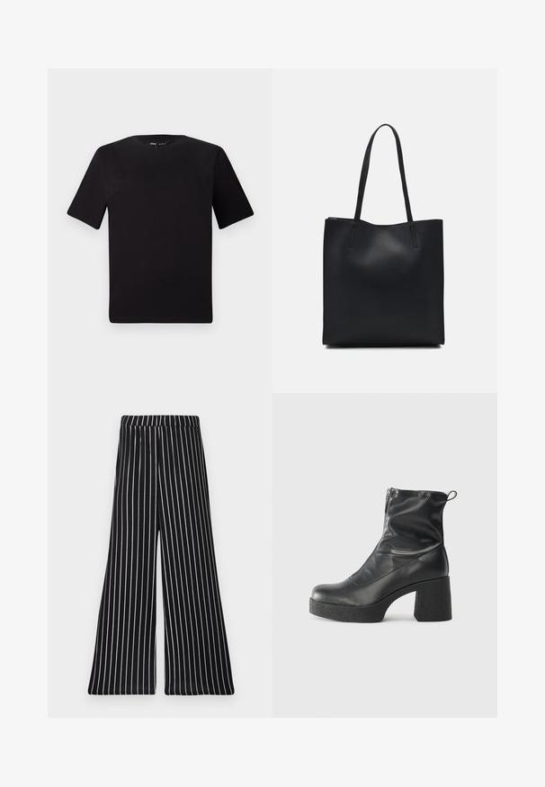 Black short-sleeve t-shirt with a round neckline, crafted from soft cotton fabric. Simple design, no visible logos or patterns.; Black and white striped wide-leg pants with an elastic waistband, featuring vertical stripes in a soft, stretchy fabric.; Black ankle boots made of smooth leather, featuring a side zipper, chunky textured heel, and rounded toe design.; Black leather tote bag with smooth texture, rectangular shape, and two long handles. No visible hardware or embellishments.