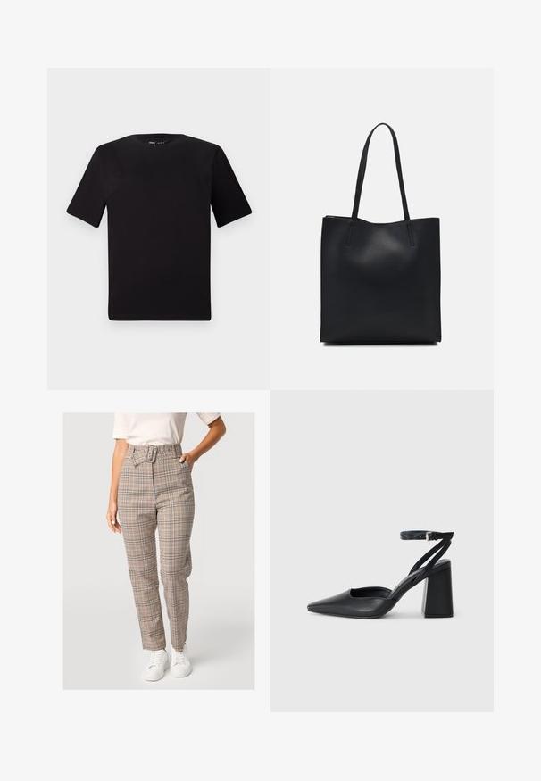 Black short-sleeve t-shirt with a round neckline, crafted from soft cotton fabric. Simple design, no visible logos or patterns.; High-waisted plaid trousers in beige with blue and orange accents, featuring a belt detail, straight leg design, and smooth fabric texture.; Black leather pointy-toe pump with an ankle strap and a chunky heel. Flat texture, sleek design, and minimalistic aesthetics.; Black leather tote bag with smooth texture, rectangular shape, and two long handles. No visible hardware or embellishments.