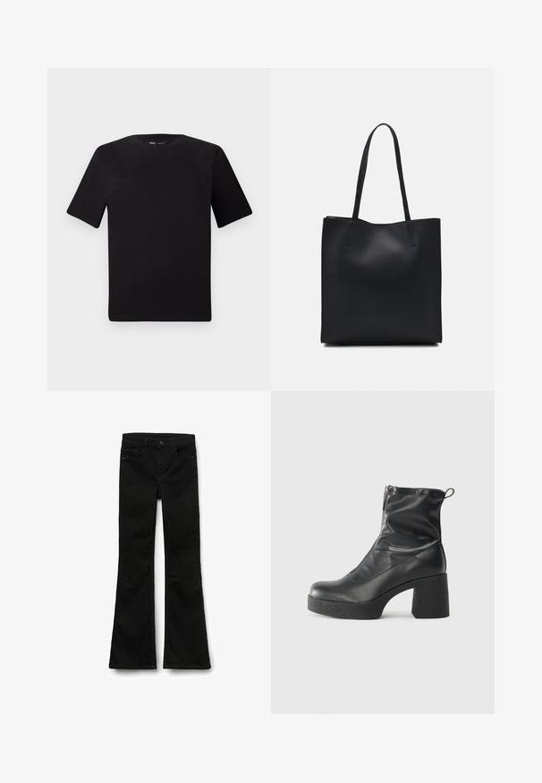 Schwarzes T-Shirt mit kurzen Ärmeln und Rundhalsausschnitt, aus weichem Baumwollmaterial gefertigt. Schlichtes Design, keine sichtbaren Logos oder Muster.; Schwarze Schlagjeans aus Denim mit glatter Textur, ausgestattet mit einem Bund mit Knopfverschluss und normalen Taschen.; Schwarze Stiefeletten aus glattem Leder mit seitlichem Reißverschluss, klobigem strukturiertem Absatz und runder Zehenform.; Schwarze Laptoptasche aus Leder mit glatter Textur, rechteckiger Form und zwei langen Griffen. Keine sichtbaren Beschläge oder Verzierungen.