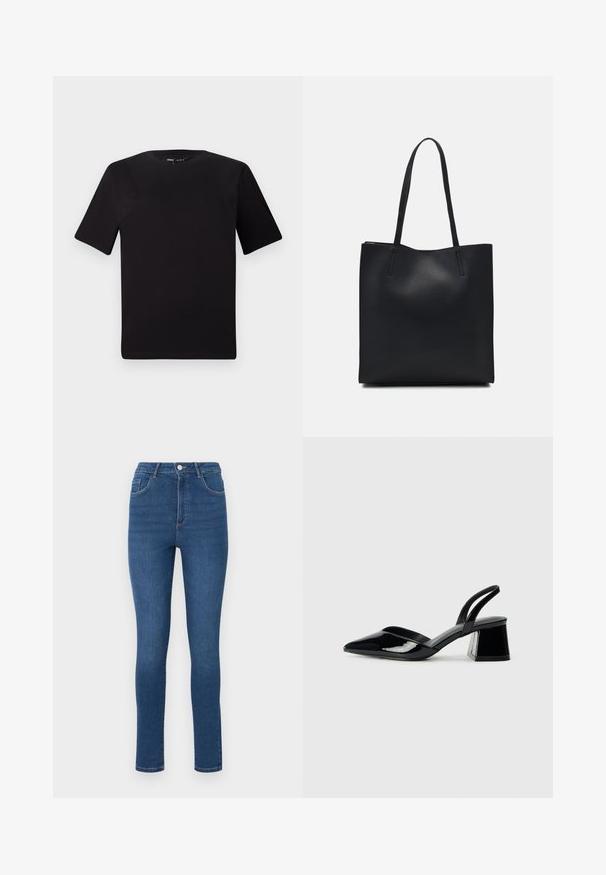 T-shirt preta de mangas curtas com decote redondo, feita de tecido de algodão suave. Design simples, sem logótipos ou padrões visíveis.; Jeans justos feitos de denim azul escuro com uma cintura alta, cinco bolsos e detalhes de costura subtis. O tecido parece suave e ligeiramente elástico.; Sandy em verniz preto com salto slingback, ponta afilada e salto geométrico. Apresenta um design elegante e minimalista com textura suave.; Bolsa tote preta em couro com textura lisa, forma retangular e duas alças longas. Sem hardware ou enfeites visíveis.
